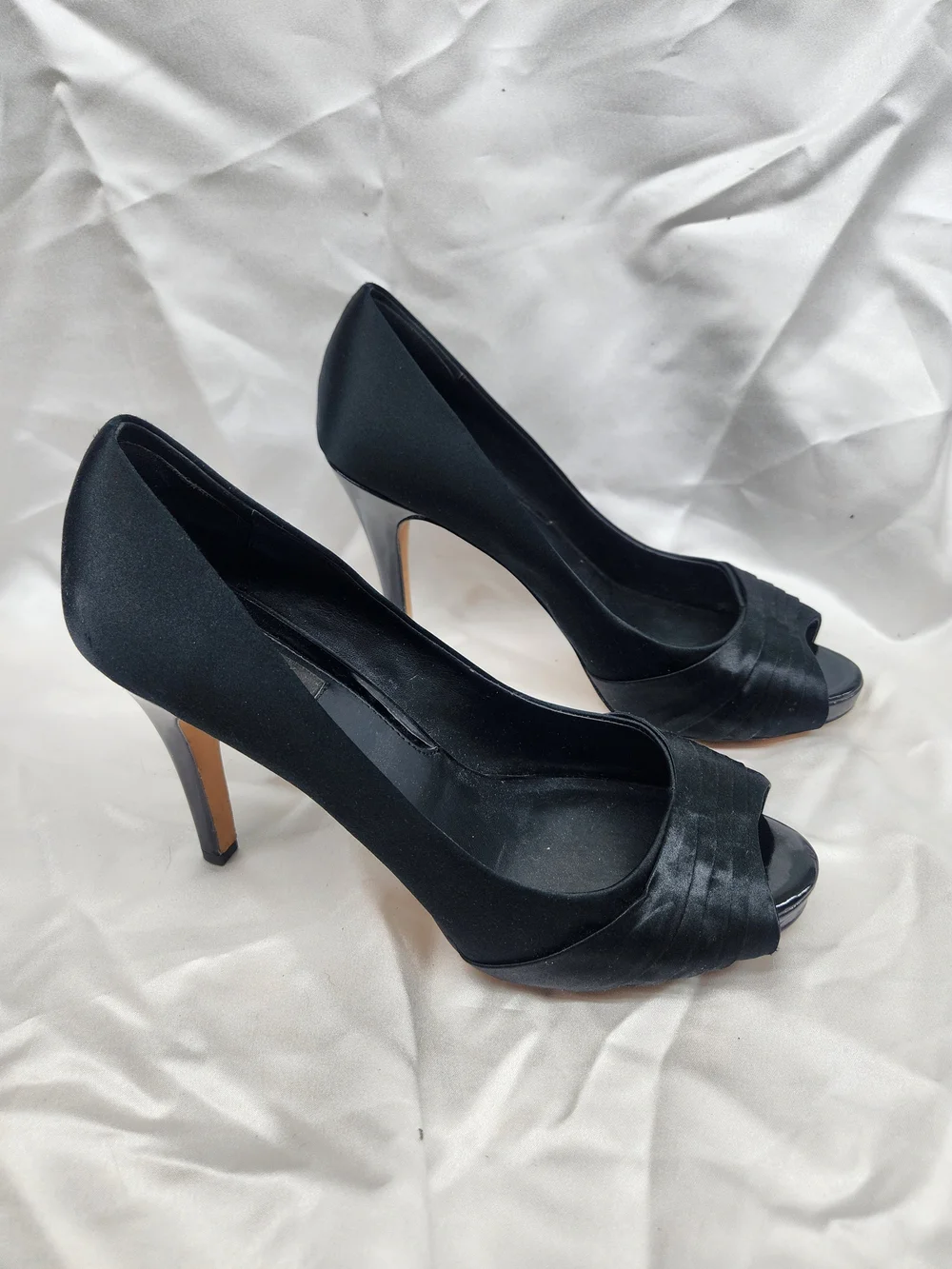 White House Black Market Black Peep-Toe Pleated Satin Heels